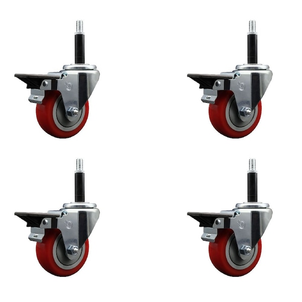 Service Caster 3.5'' Red Poly Swivel 3/4'' Expanding Stem Caster Set with Brake, 4PK SCC-EX20S3514-PPUB-RED-PLB-34-4 - main